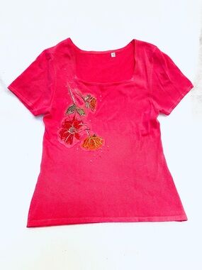Vintage Y2K Hot Pink Embroidered Floral Top Square Neck Beaded Knit Small